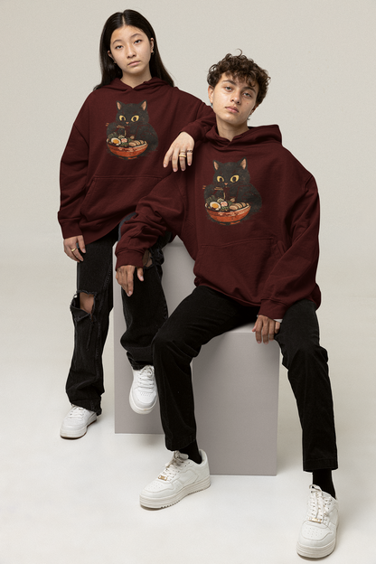 Cat Ramen Hoodie in Maroon – oversized unisex hoodie with black cat eating ramen graphic print