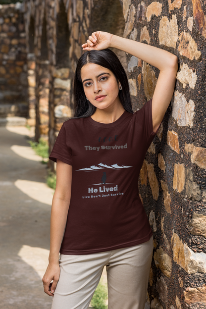 Maroon Minimalist penguin design with inspirational quote “They survived. He lived.” t-shirt style graphic.