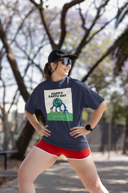 Navy Blue Earth Day oversized cotton t shirt India with cute planet graphic eco friendly unisex tee