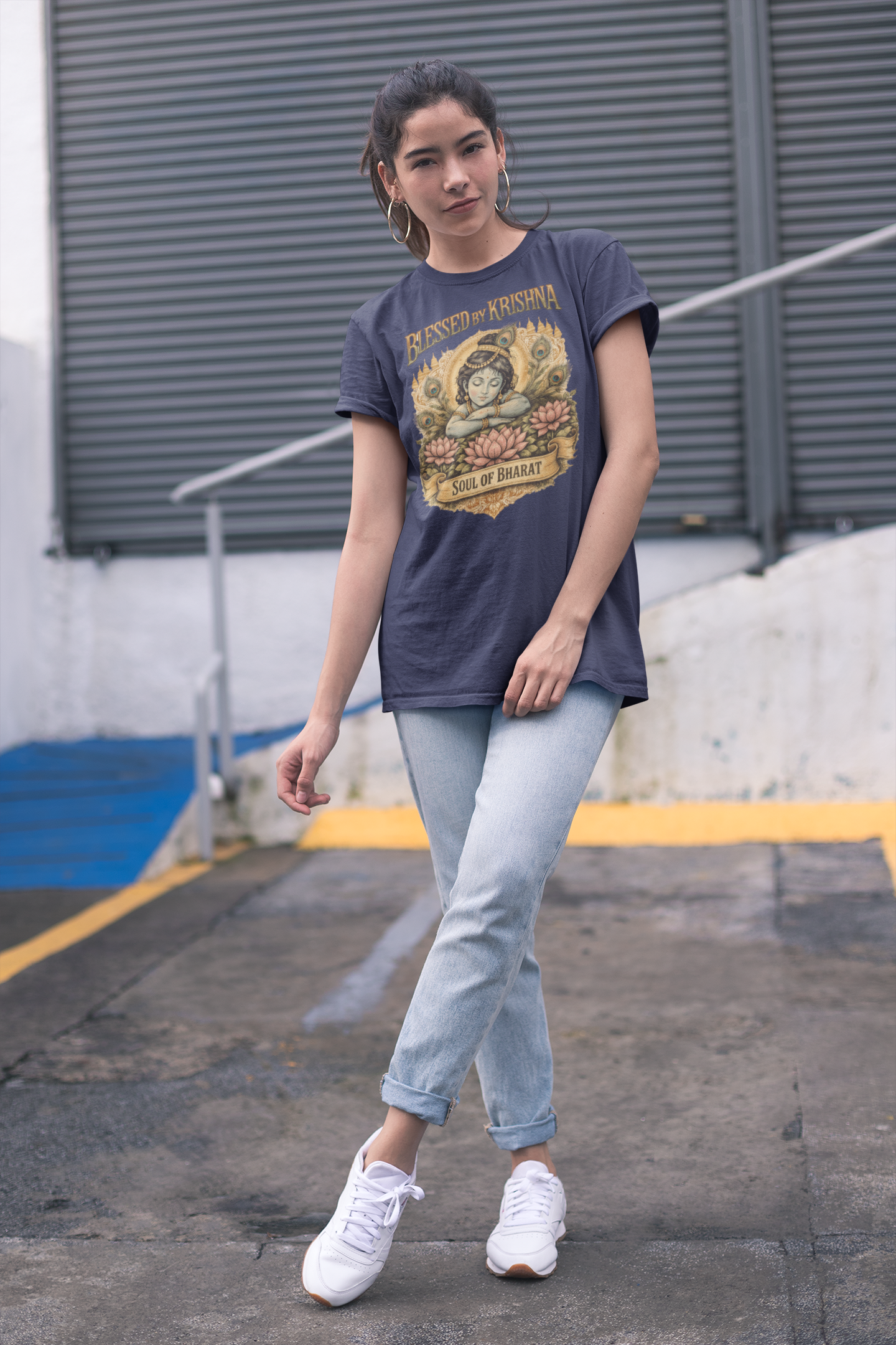 Navy Blue Krishna oversized t-shirt India 240 GSM cotton spiritual graphic tee Soul of Bharat design
