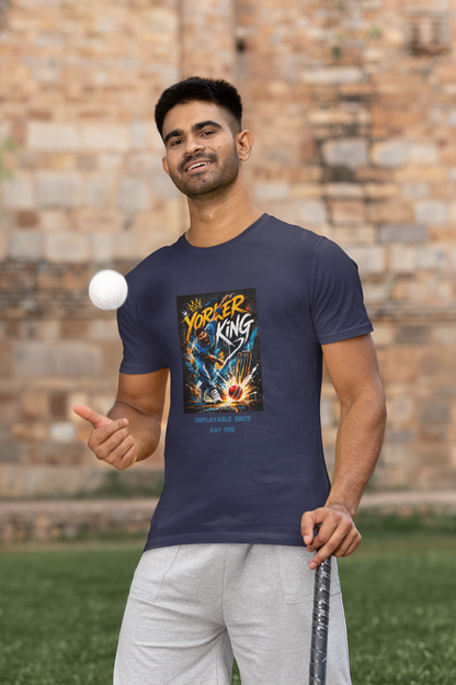 Navy Blue Yorker King cricket bowler graphic t-shirt unplayable since day one design
