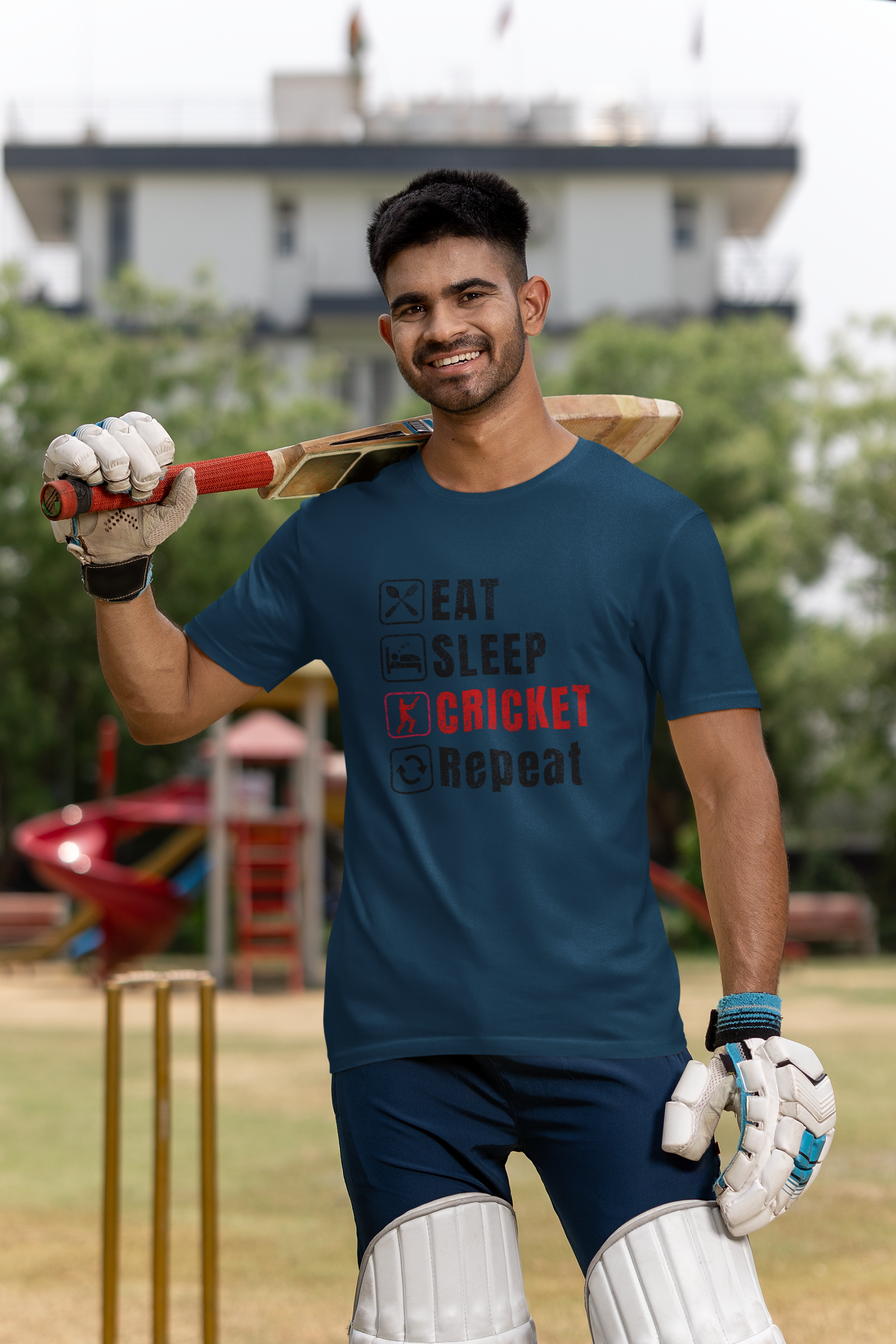 Navy Blue Graphic tee featuring Eat Sleep Cricket Repeat slogan, ideal for Indian cricket enthusiasts