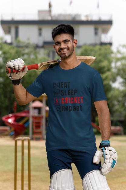 Navy Blue Graphic tee featuring Eat Sleep Cricket Repeat slogan, ideal for Indian cricket enthusiasts