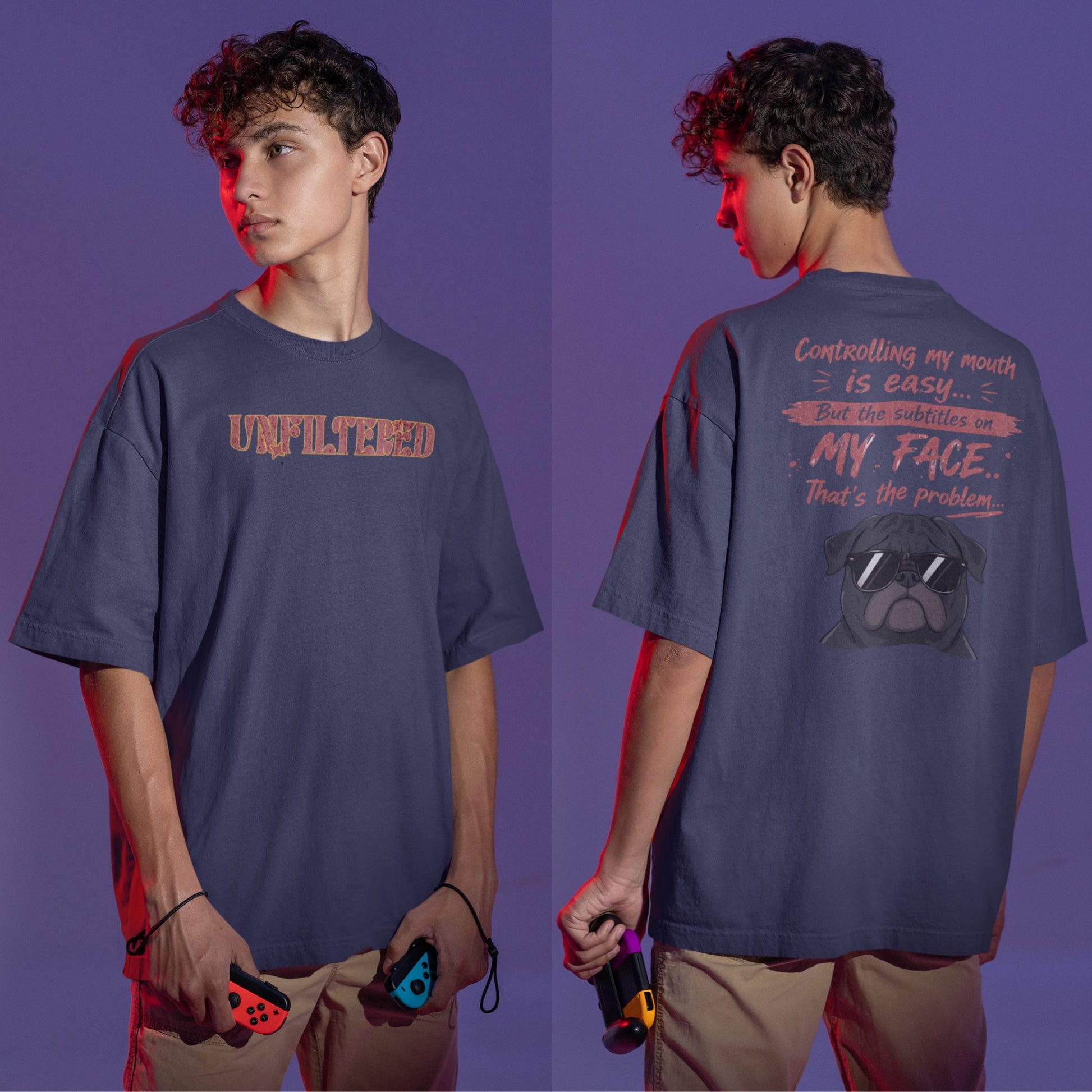 Navy Blue Funny oversized graphic t-shirt with sarcastic quote and cool dog design for Indian meme lovers and casual streetwear fans