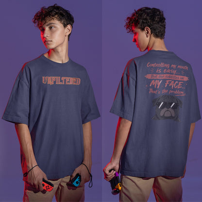Navy Blue Funny oversized graphic t-shirt with sarcastic quote and cool dog design for Indian meme lovers and casual streetwear fans