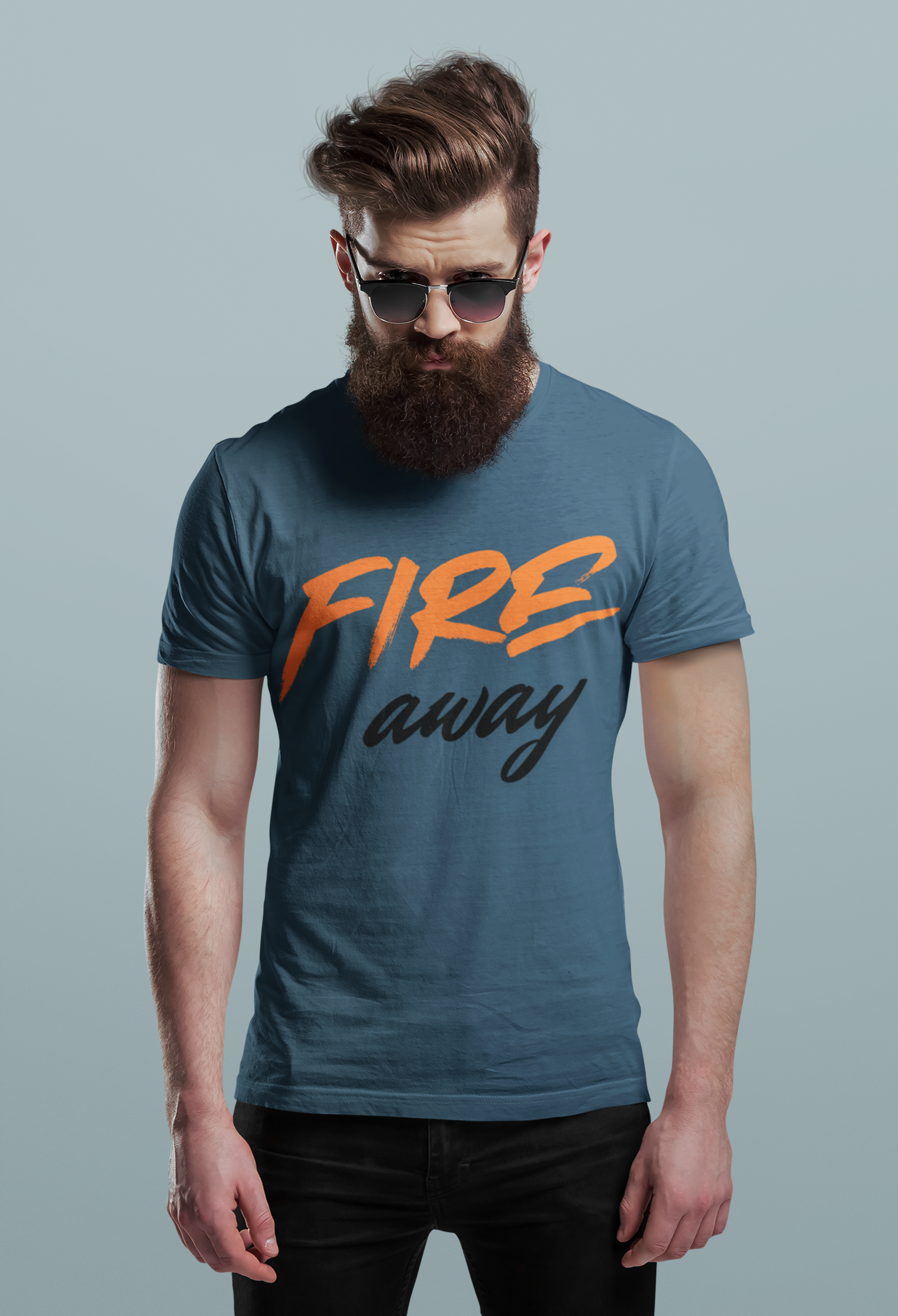 Navy Blue Nauma Fire Away typography t-shirt for men, orange and black graphic tee
