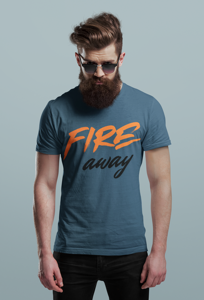 Navy Blue Nauma Fire Away typography t-shirt for men, orange and black graphic tee