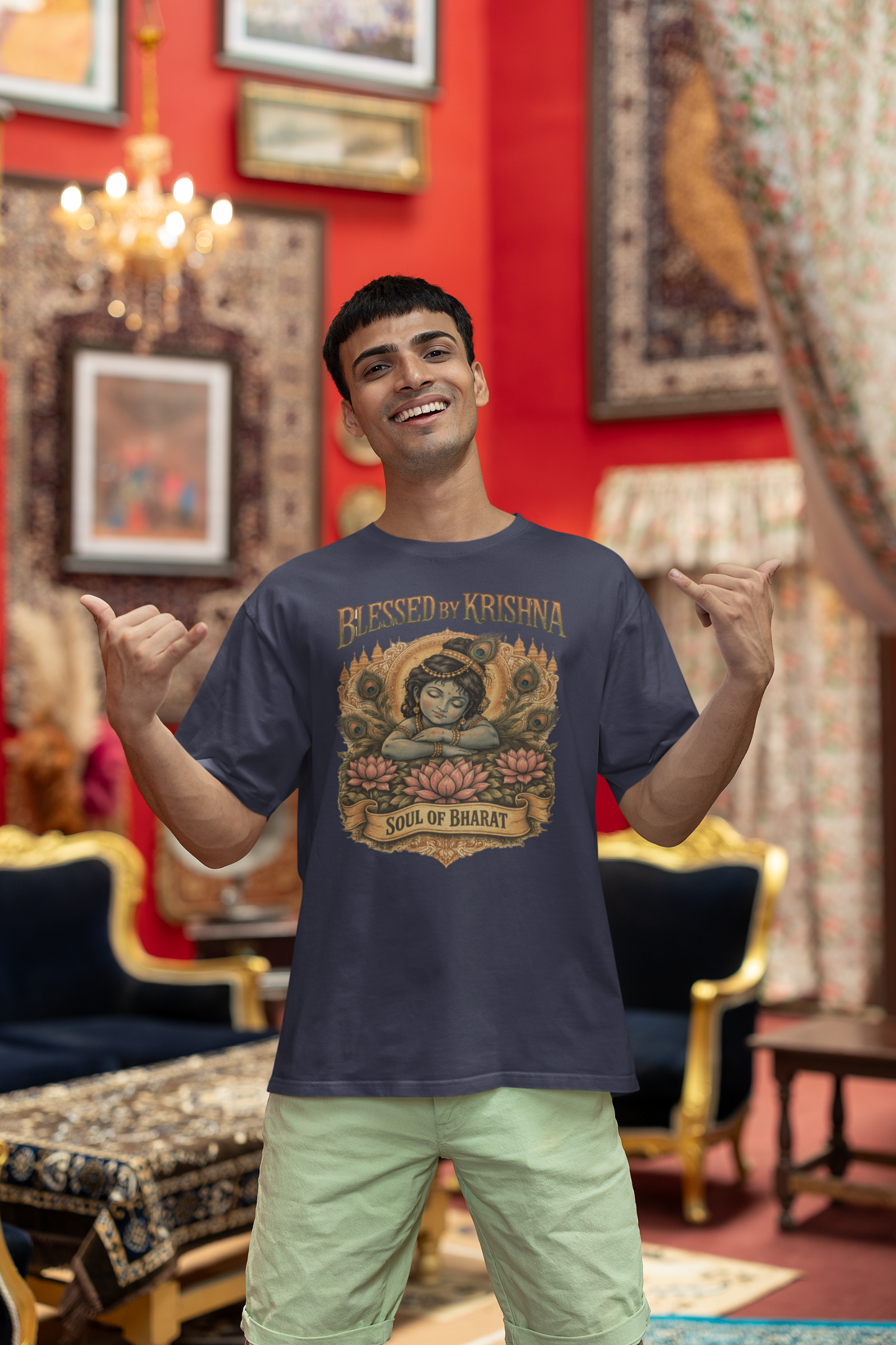 Navy Blue Krishna oversized t-shirt India 240 GSM cotton spiritual graphic tee Soul of Bharat design