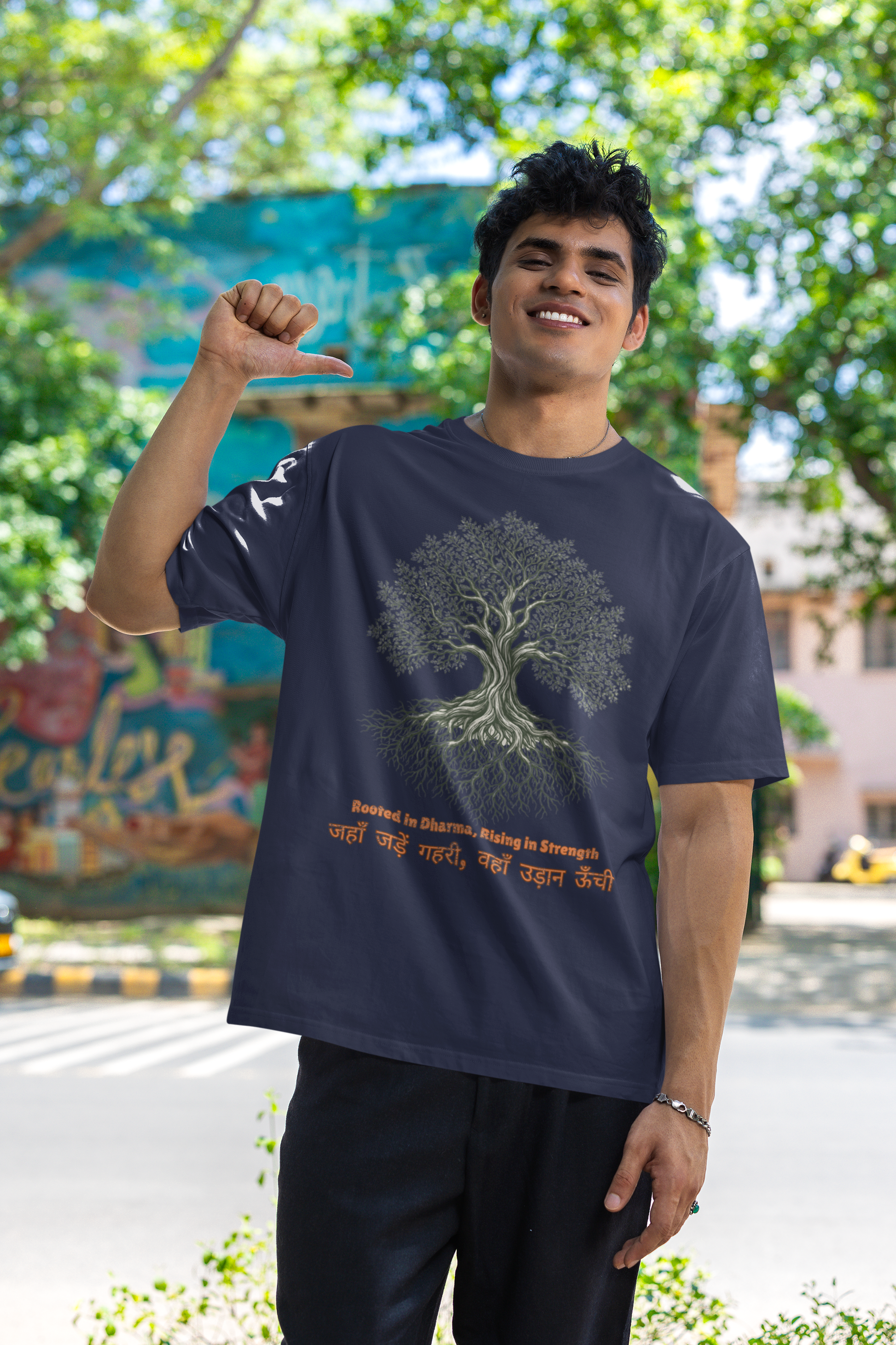 Navy Blue Men’s oversized Tree of Life graphic t-shirt with gnarled tree print, 100% cotton streetwear tee