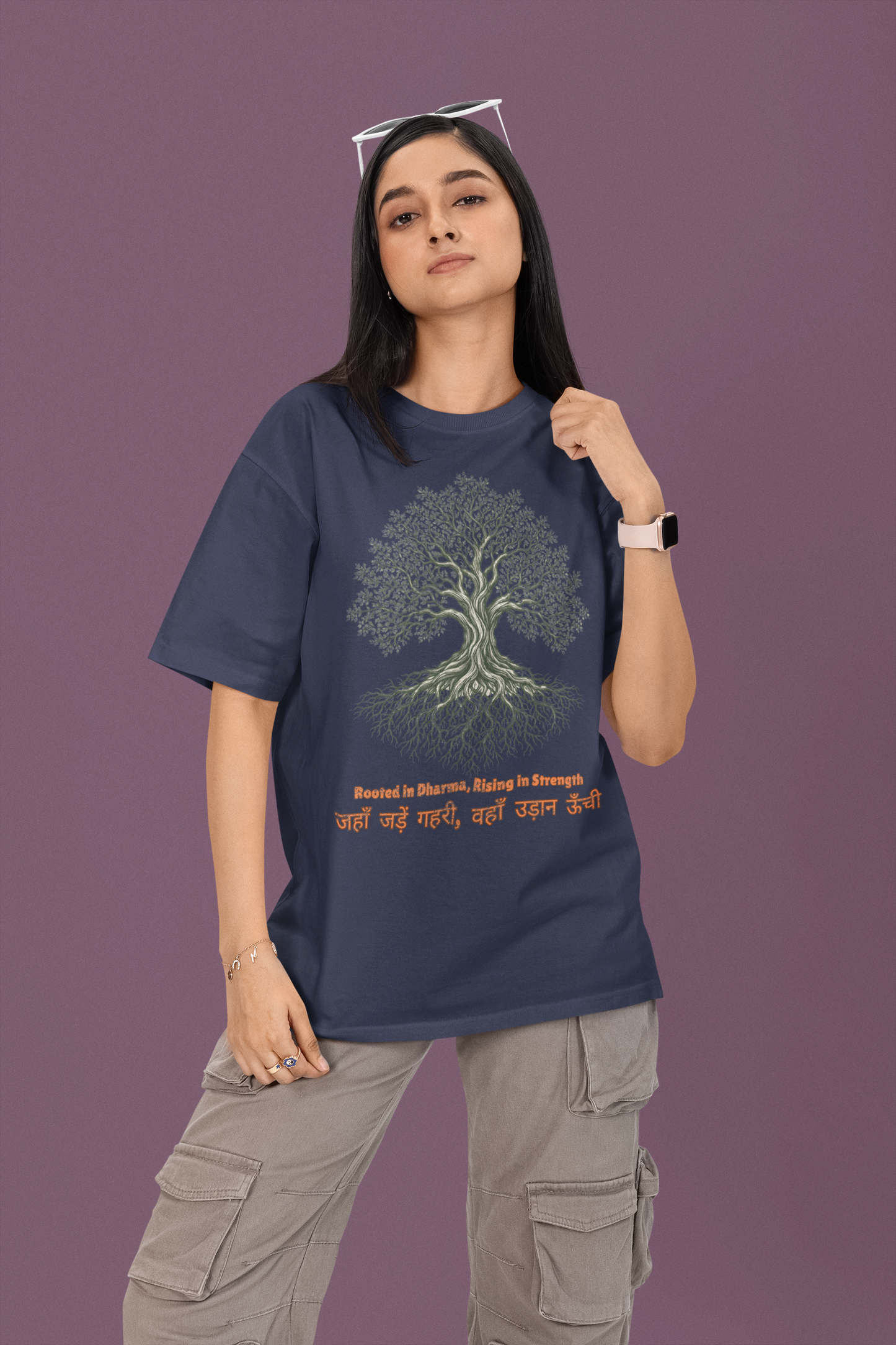 Navy Blue Women’s oversized Tree of Life graphic t-shirt with gnarled tree print, 100% cotton streetwear tee