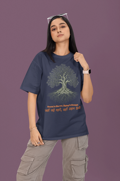 Navy Blue Women’s oversized Tree of Life graphic t-shirt with gnarled tree print, 100% cotton streetwear tee