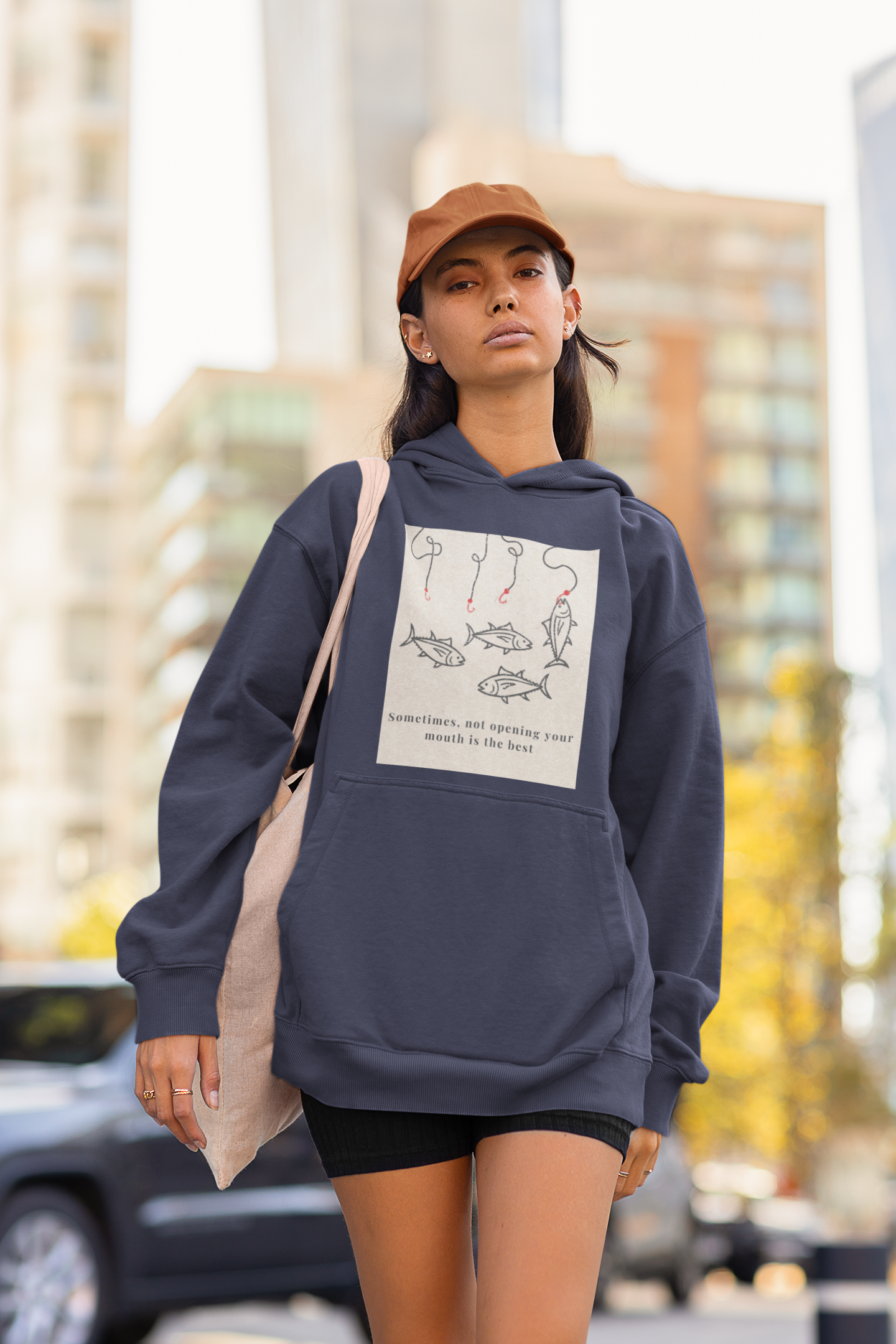 Navy Blue Oversized unisex hoodie with aesthetic fish graphic print, Gen Z streetwear style, relaxed fit sweatshirt India