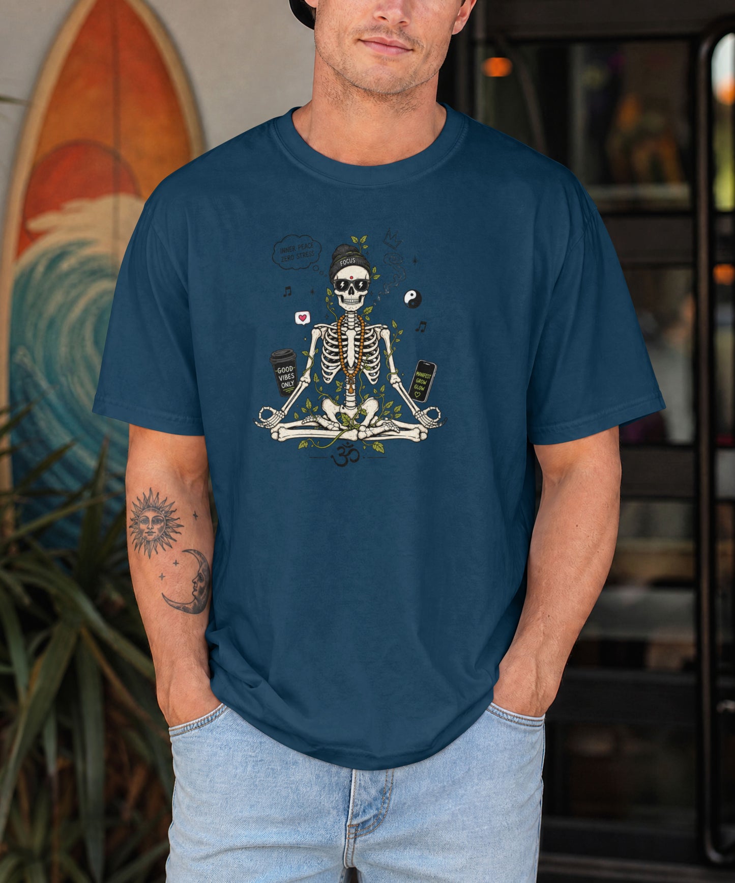 Zen Skeleton Oversized T-Shirt in Navy Blue | Focus Manifest Street Style | Premium Cotton