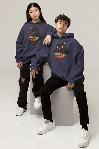 Cat Ramen Hoodie in Navy Blue – oversized unisex hoodie with black cat eating ramen graphic print