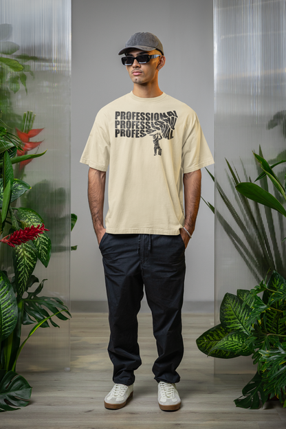 Man wearing a off white t-shirt with text professional cricket
