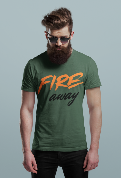 Olive Green Nauma Fire Away typography t-shirt for men, orange and black graphic tee