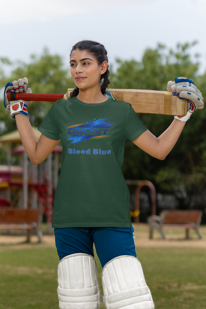 Woman holding a cricket bat with a olive green t-shirt in an outdoor 