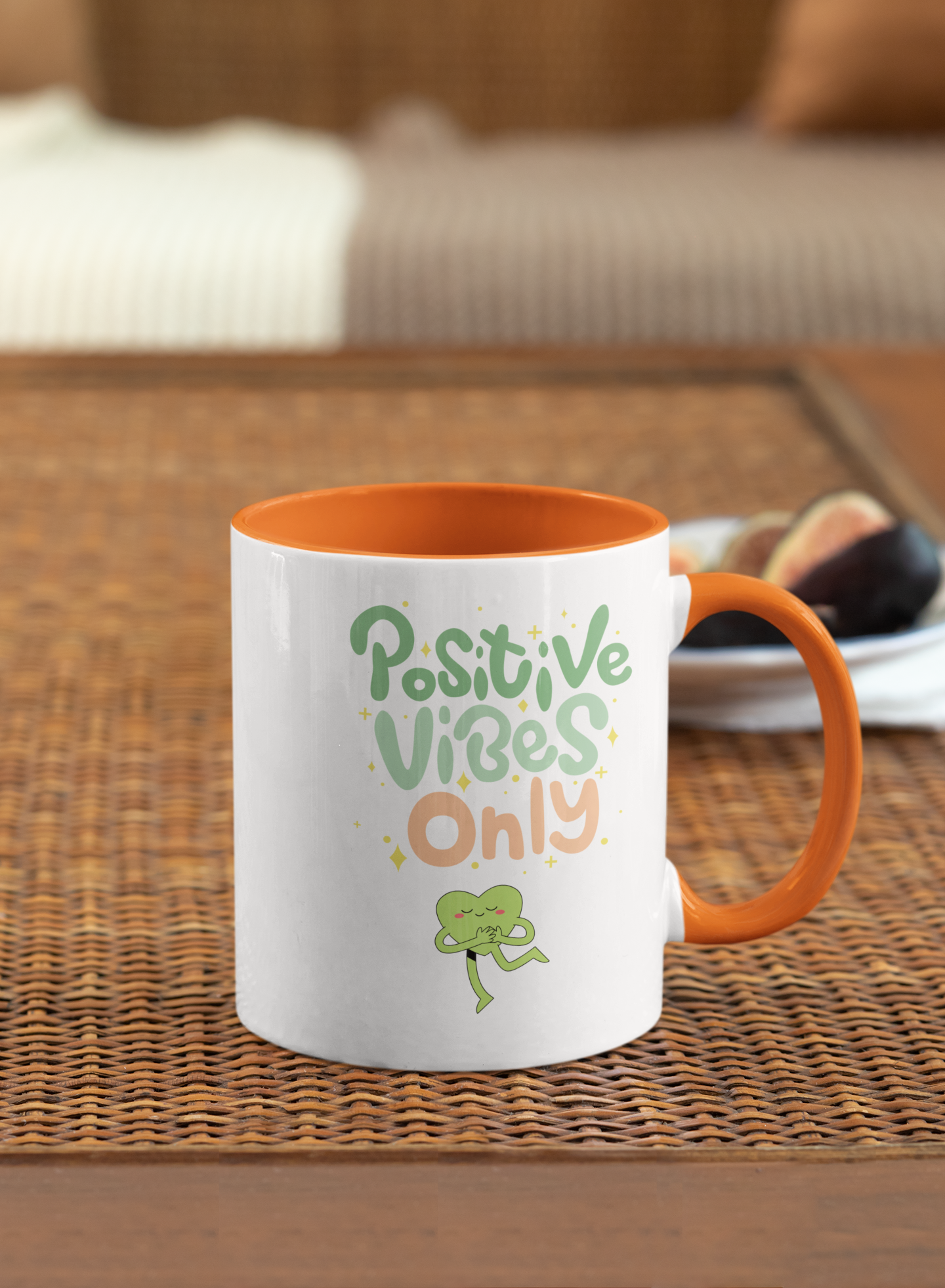 Positive Vibes Only 11oz mug design with cute green hugging heart on black background