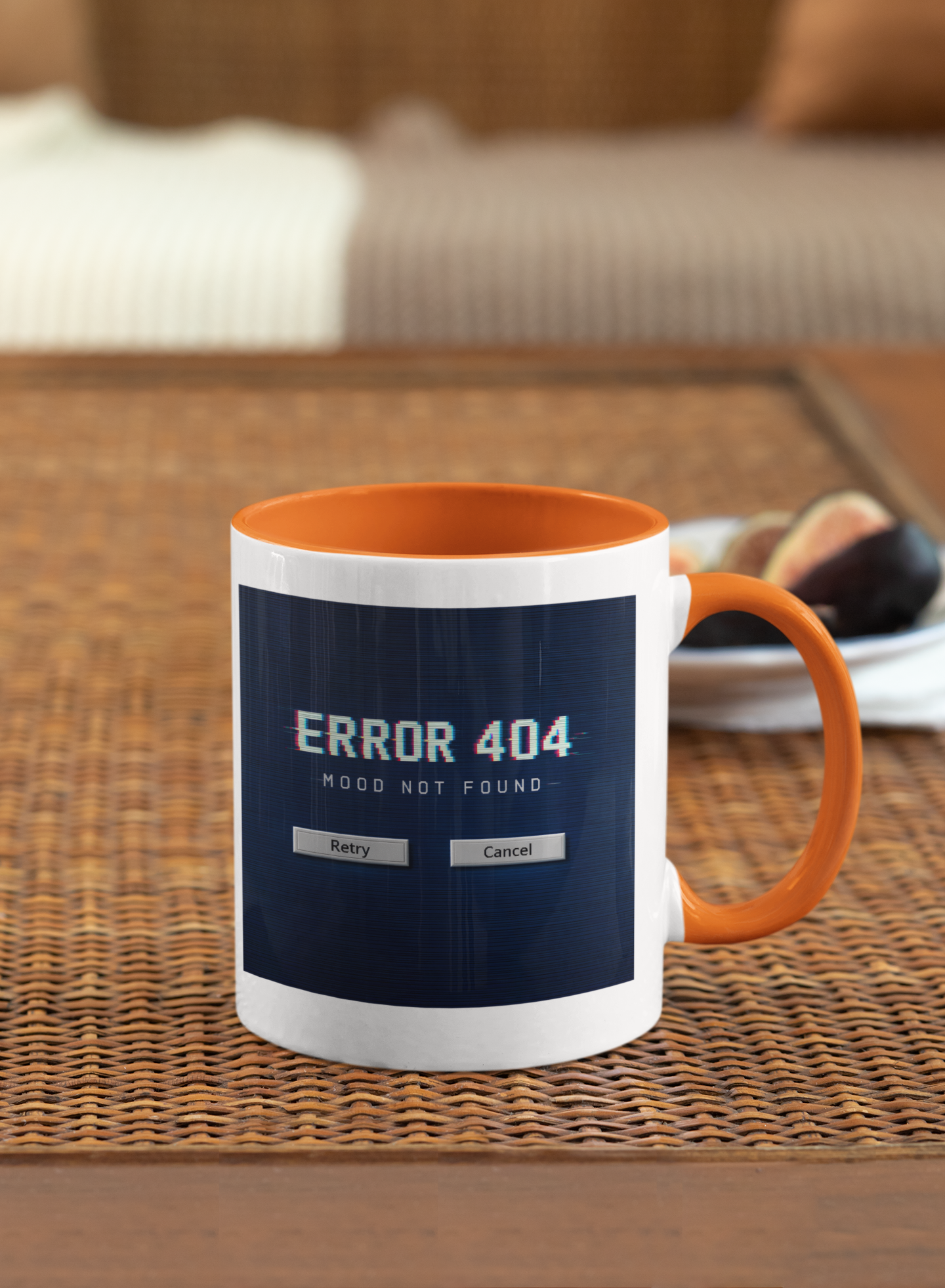 Retro Error 404 Mood Not Found mug with vintage computer aesthetic on dark blue background, 11 oz ceramic coffee mug