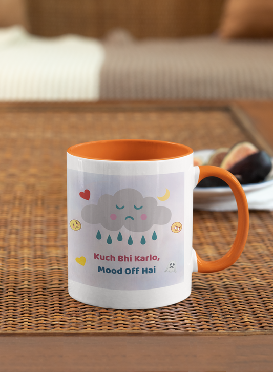 Cute sad cloud aesthetic mug with Hindi quote “Kuch Bhi Karlo Mood Off Hai” (11 oz)