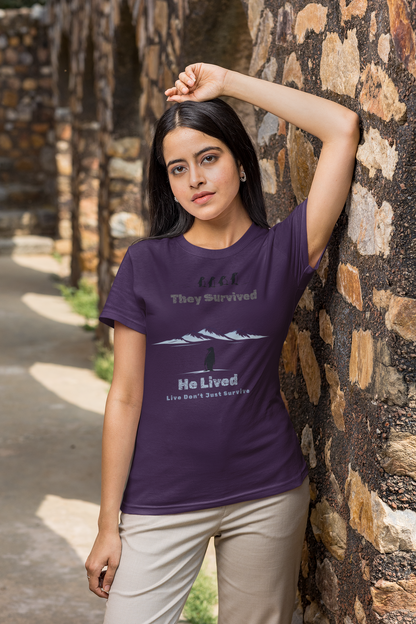 Purple Minimalist penguin design with inspirational quote “They survived. He lived.” t-shirt style graphic.