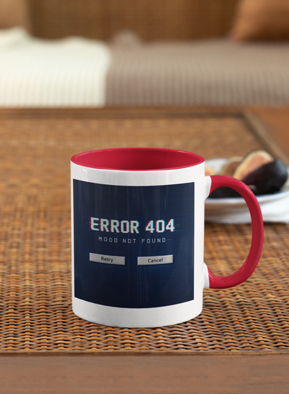 Retro Error 404 Mood Not Found mug with vintage computer aesthetic on dark blue background, 11 oz ceramic coffee mug