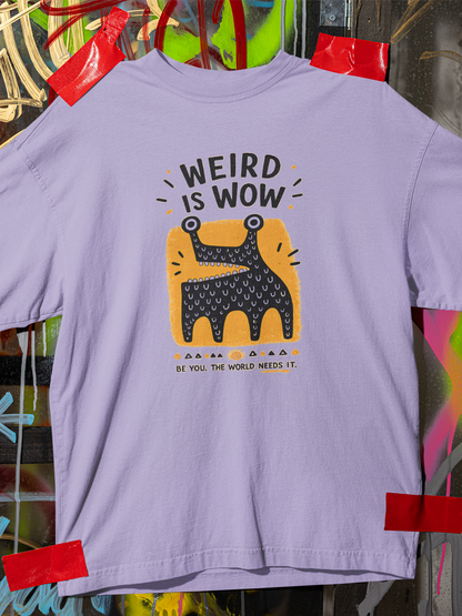 Lavender oversized unisex cotton t-shirt with playful monster graphic and slogan