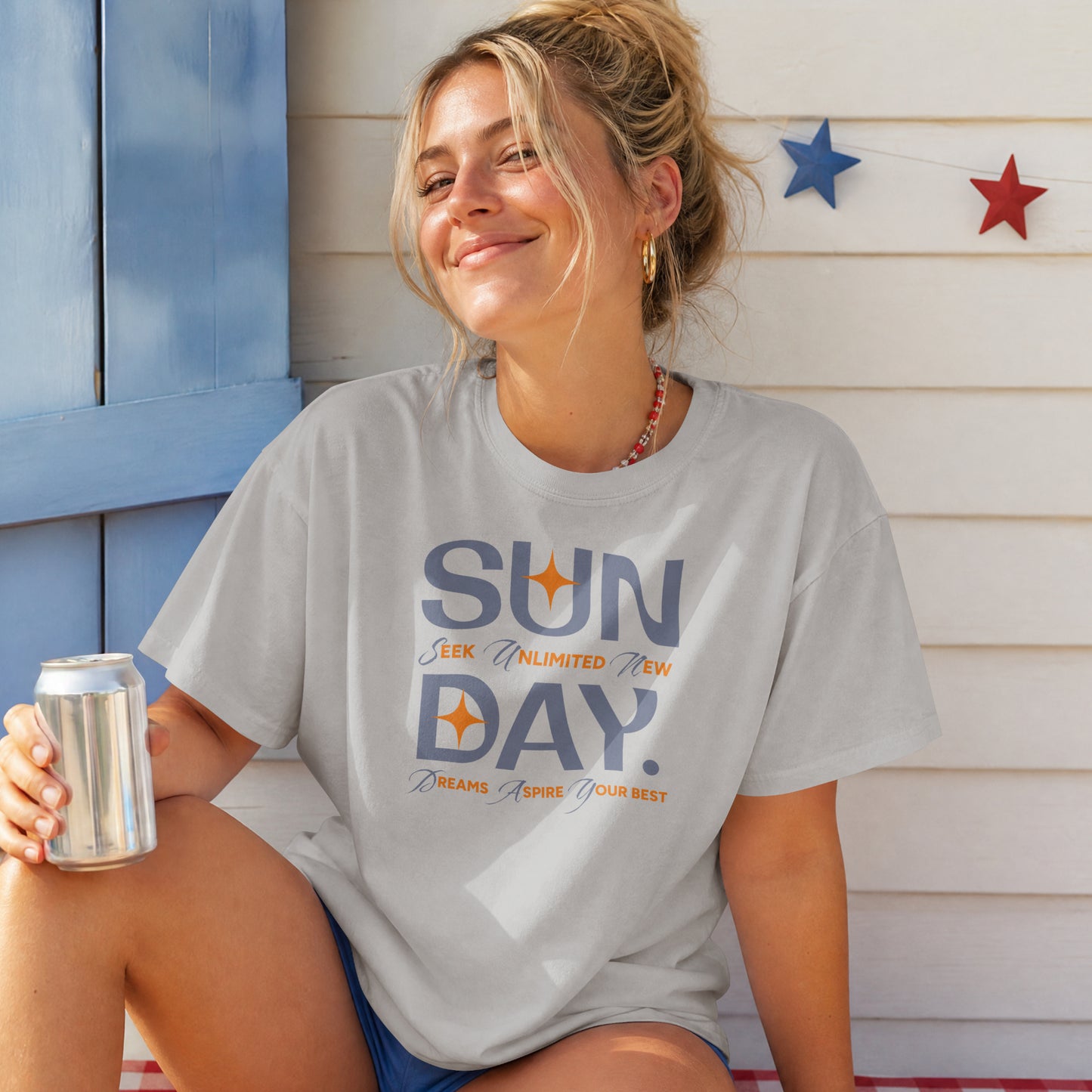 Melange Grey unisex oversized t-shirt featuring 'Sunday Seek Unlimited New Day' graphic print, front view.