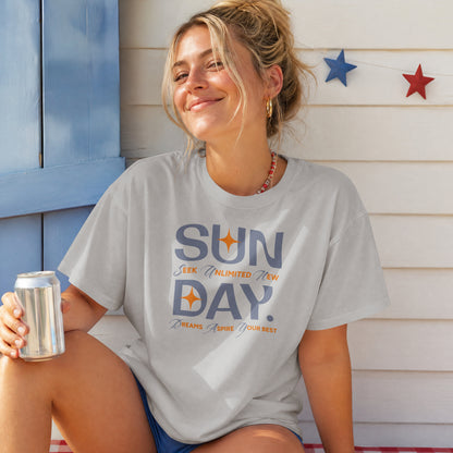 Melange Grey unisex oversized t-shirt featuring 'Sunday Seek Unlimited New Day' graphic print, front view.