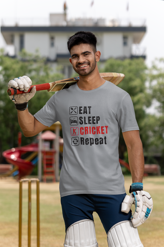 Silver Frost Graphic tee featuring Eat Sleep Cricket Repeat slogan, ideal for Indian cricket enthusiasts