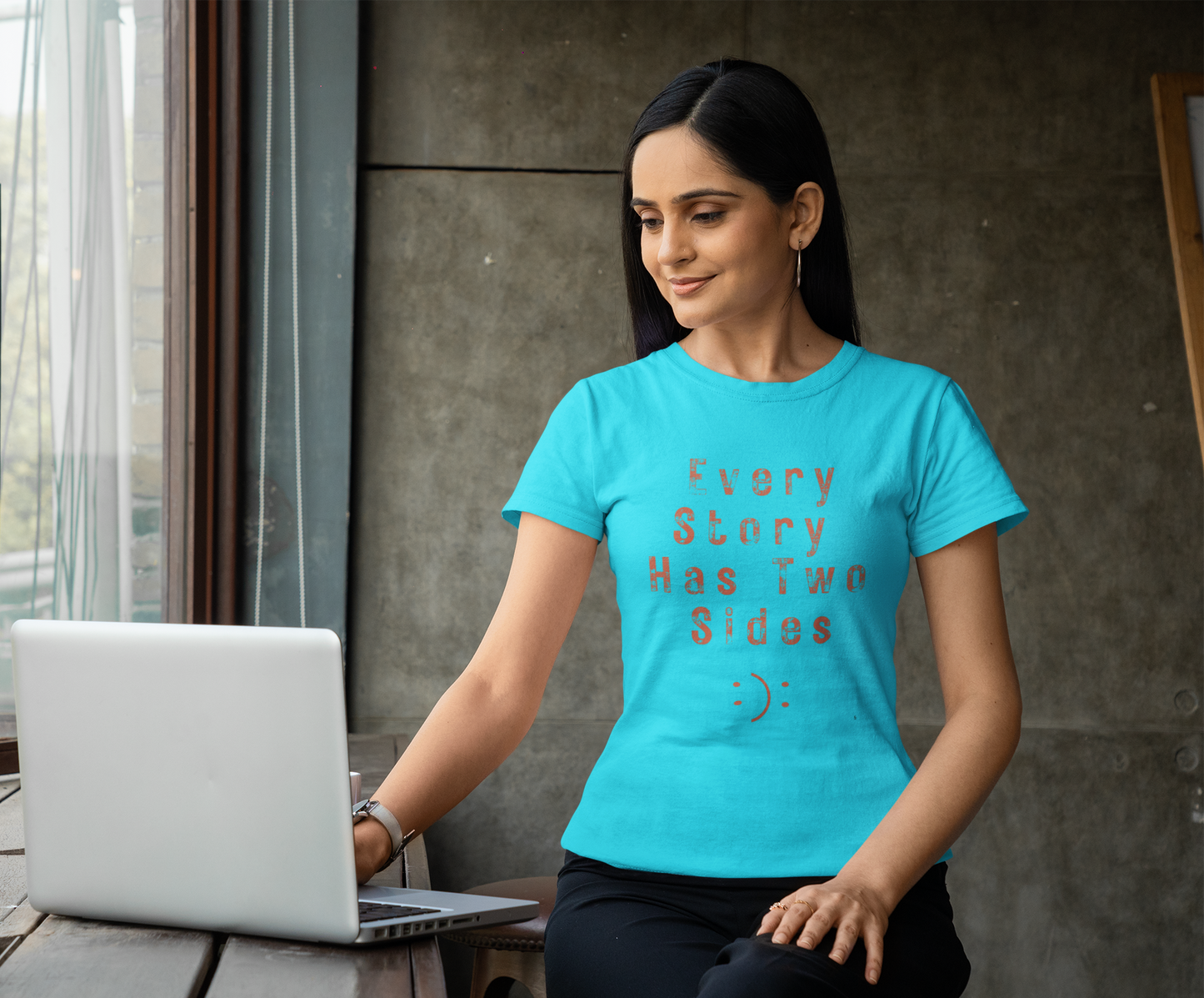 Sky Blue Women’s graphic t-shirt with ‘Every Story Has Two Sides’ inspirational quote design