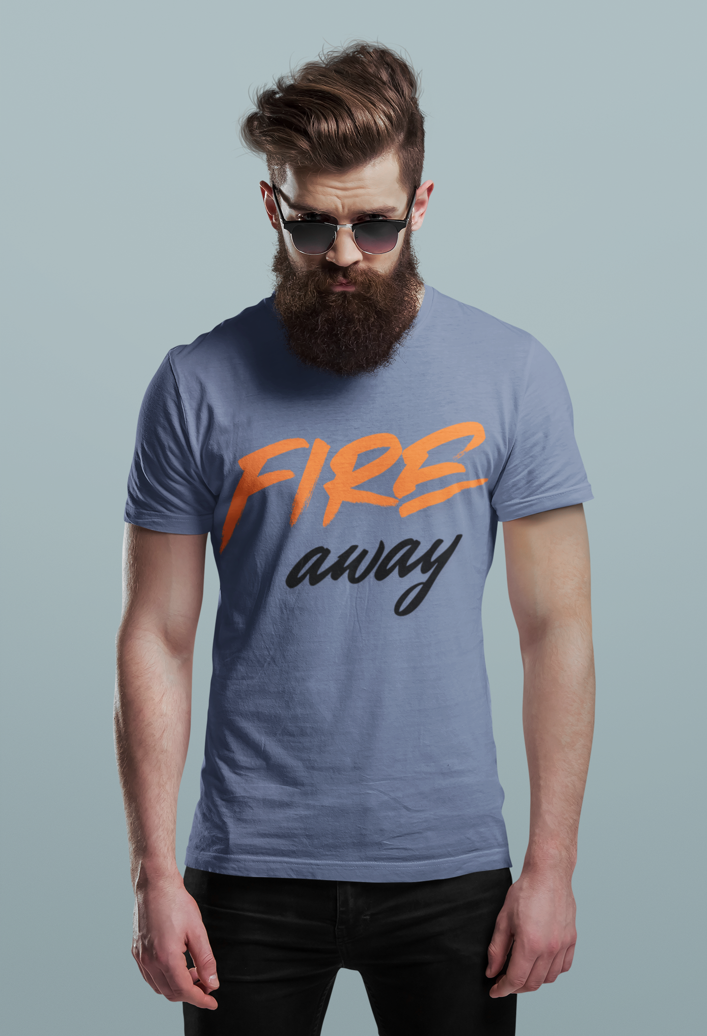 Smoke Blue Nauma Fire Away typography t-shirt for men, orange and black graphic tee
