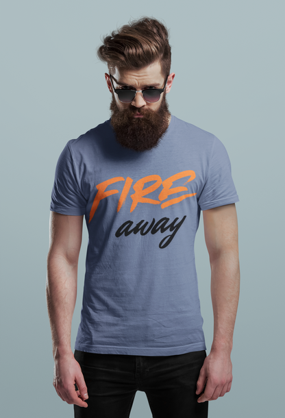 Smoke Blue Nauma Fire Away typography t-shirt for men, orange and black graphic tee