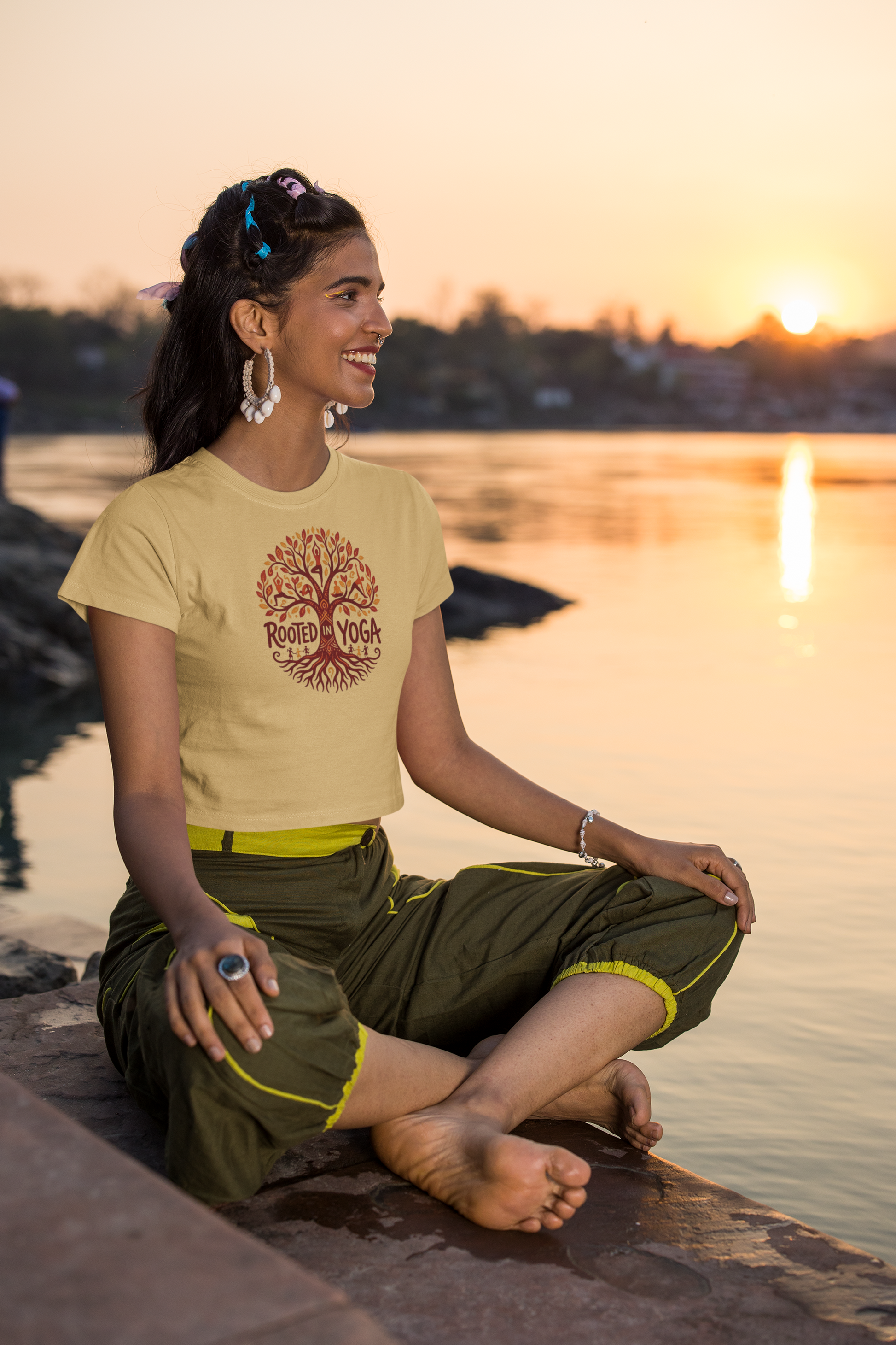 Beige women’s crop top with Rooted in Yoga tree graphic print