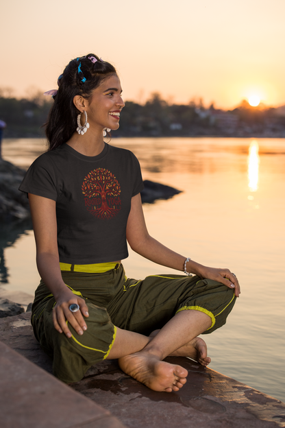 Black women’s crop top with Rooted in Yoga tree graphic print