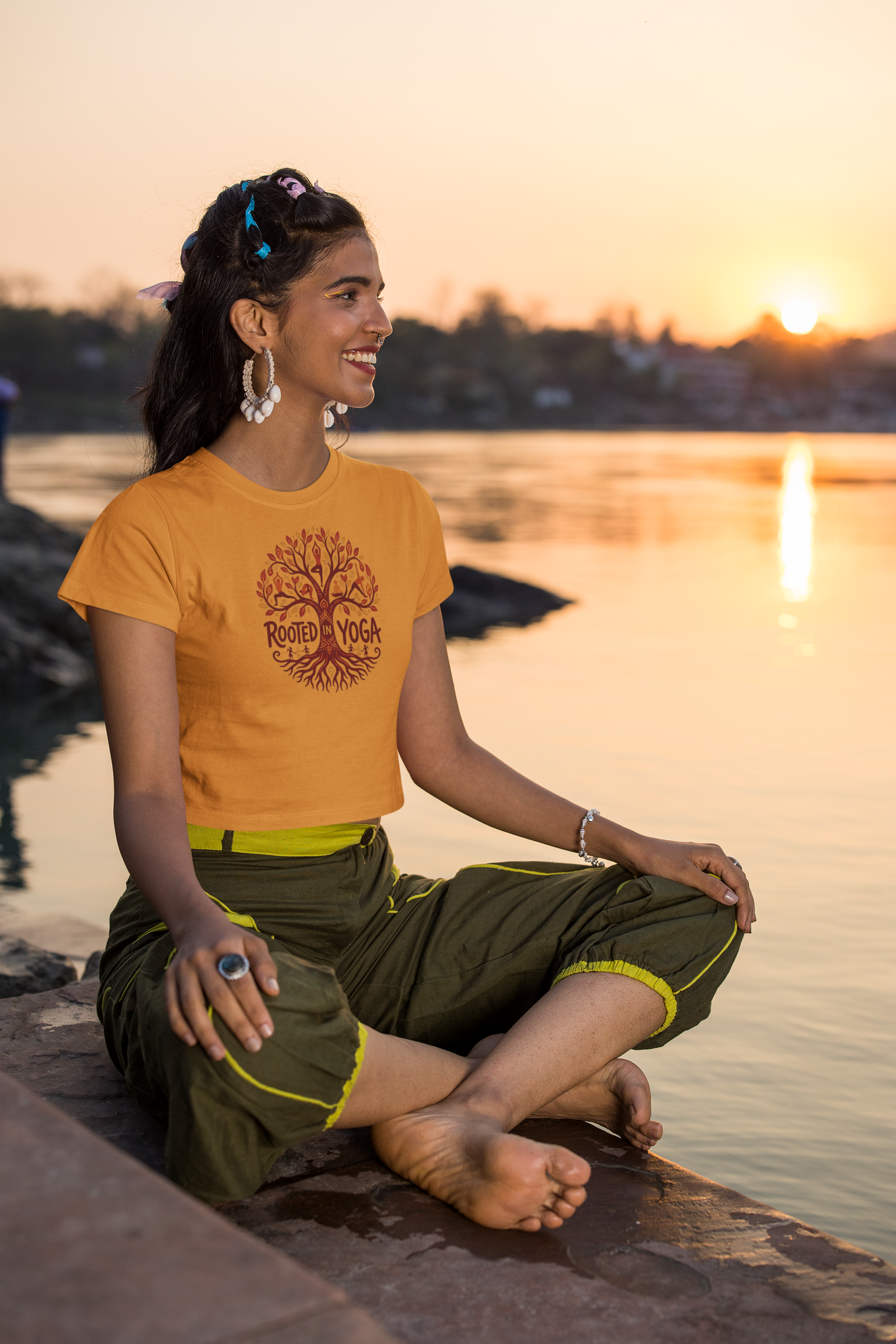 Golden Yellow women’s crop top with Rooted in Yoga tree graphic print