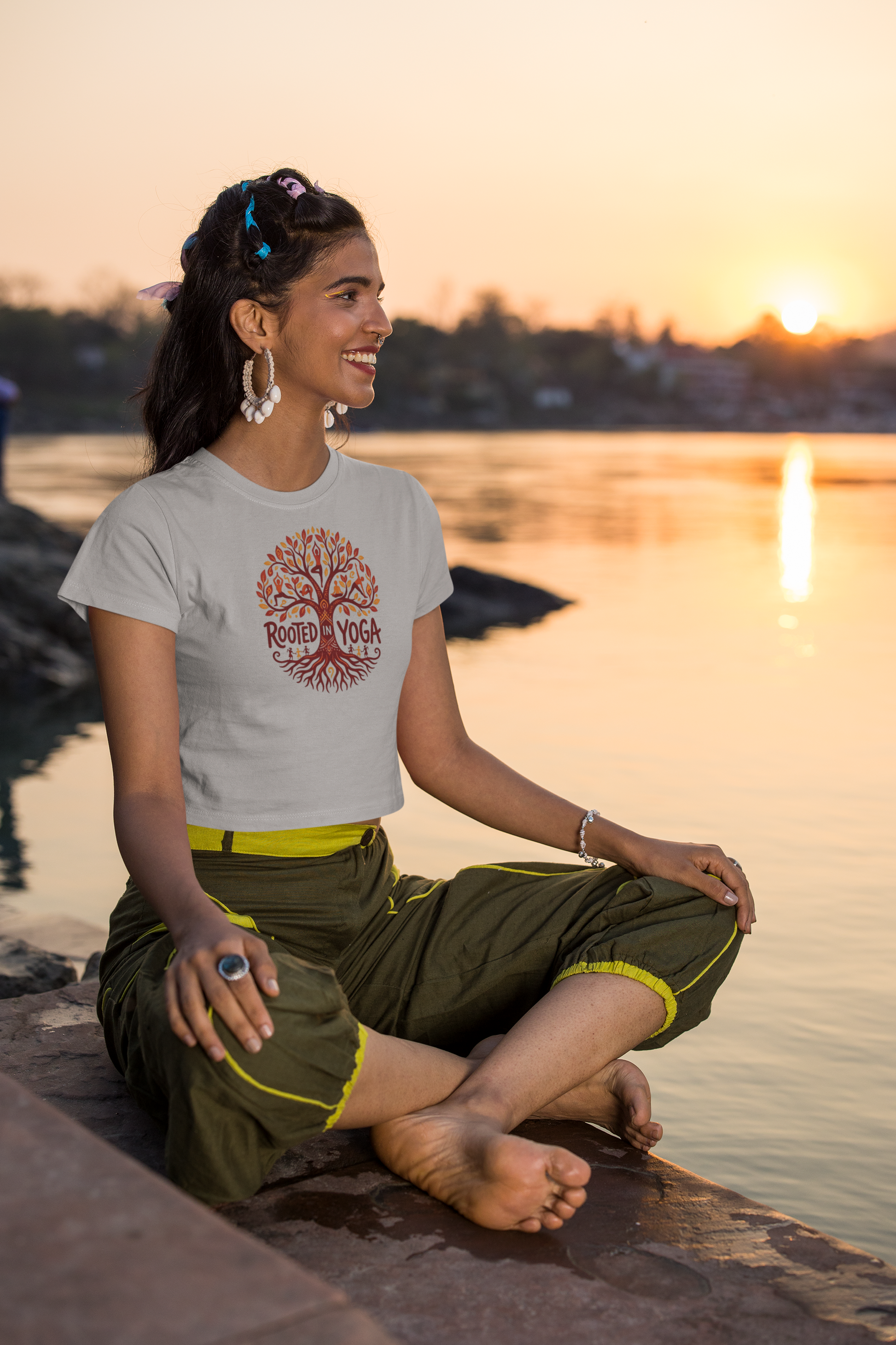 Grey Melange women’s crop top with Rooted in Yoga tree graphic print