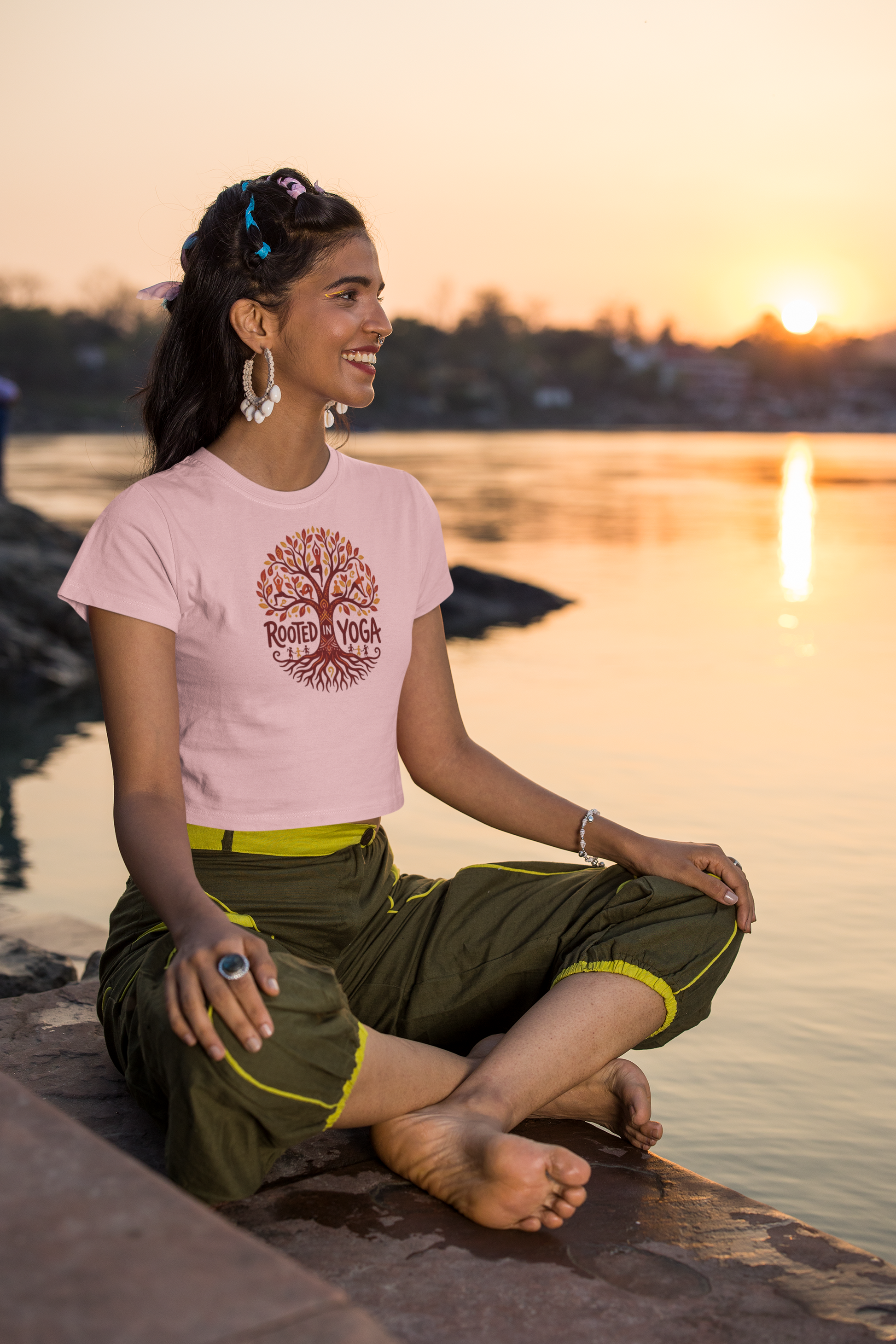 Light Baby Pink women’s crop top with Rooted in Yoga tree graphic print
