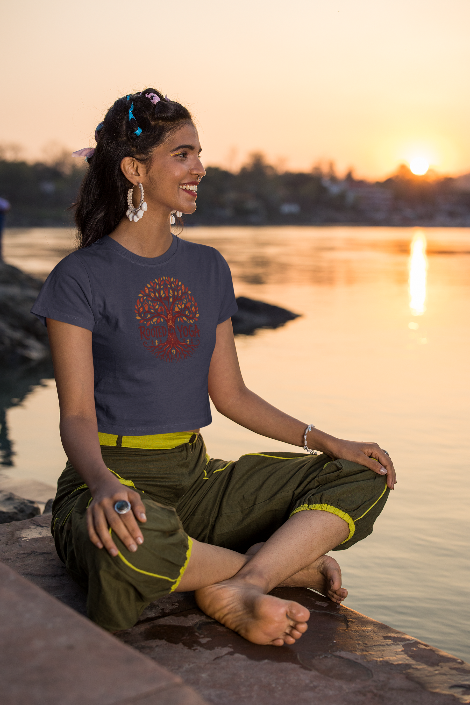 Navy Blue women’s crop top with Rooted in Yoga tree graphic print