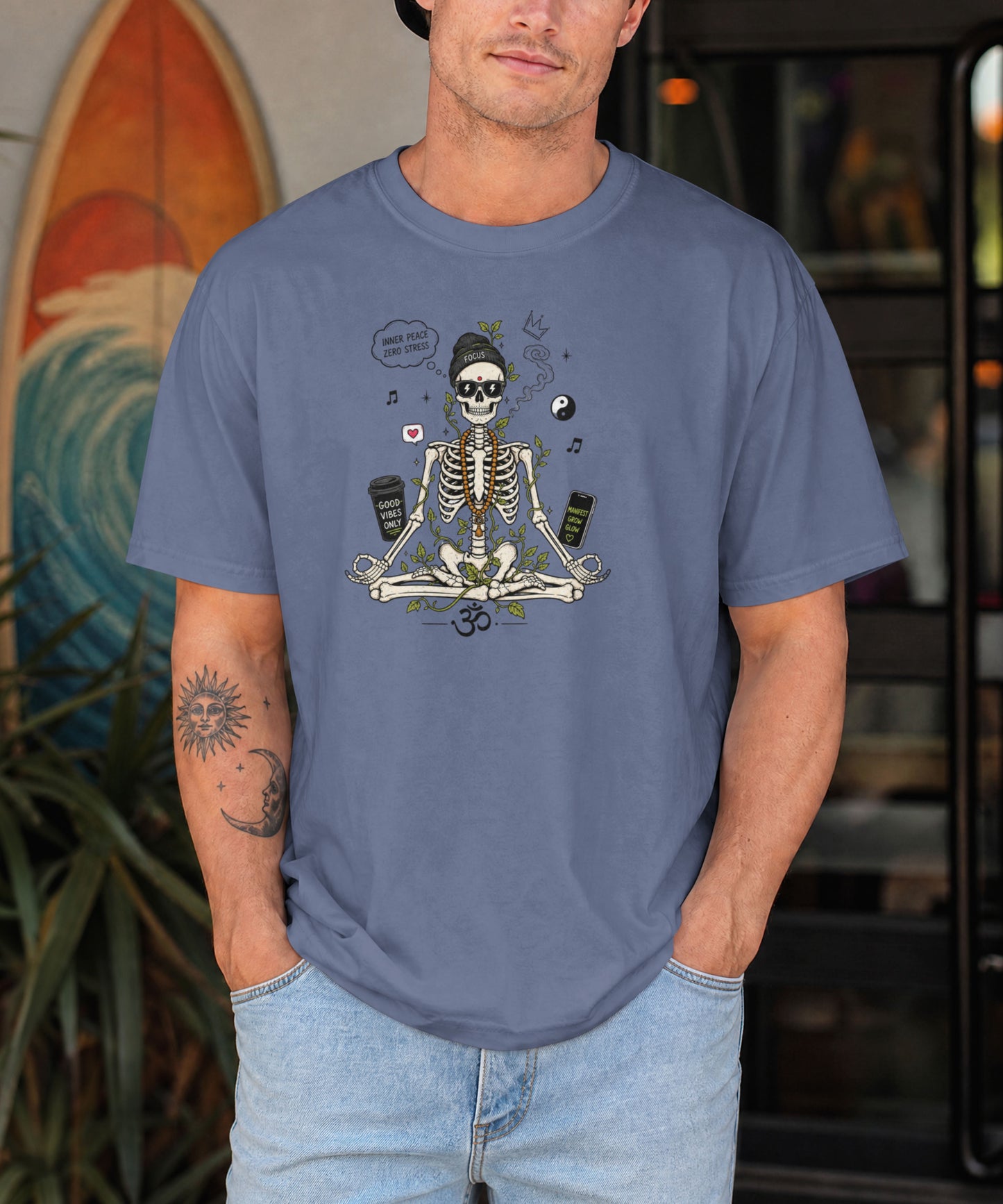 Zen Skeleton Oversized T-Shirt in Steel Grey | Spiritual Streetwear | Inner Peace Zero Stress