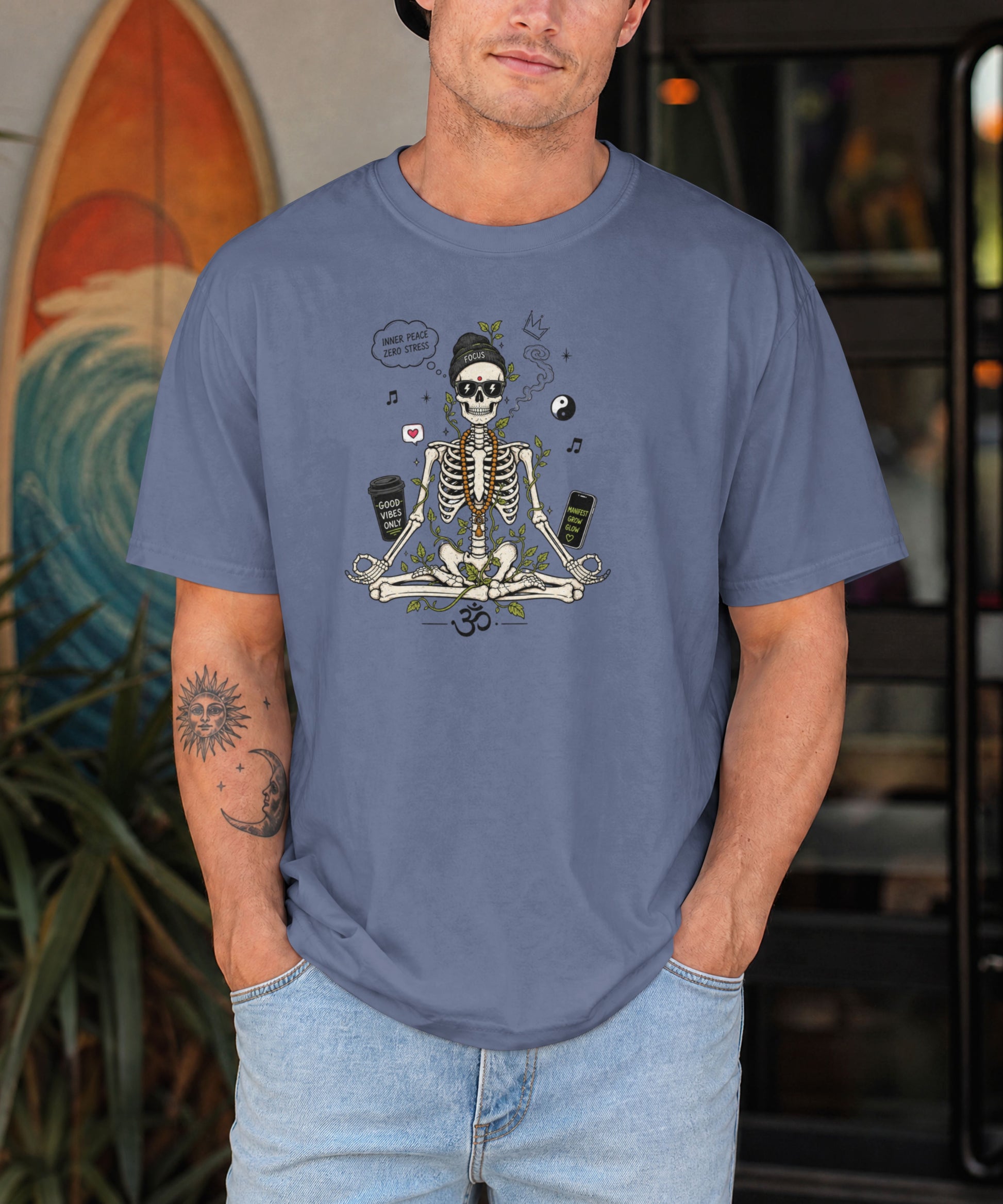 Zen Skeleton Oversized T-Shirt in Steel Grey | Spiritual Streetwear | Inner Peace Zero Stress