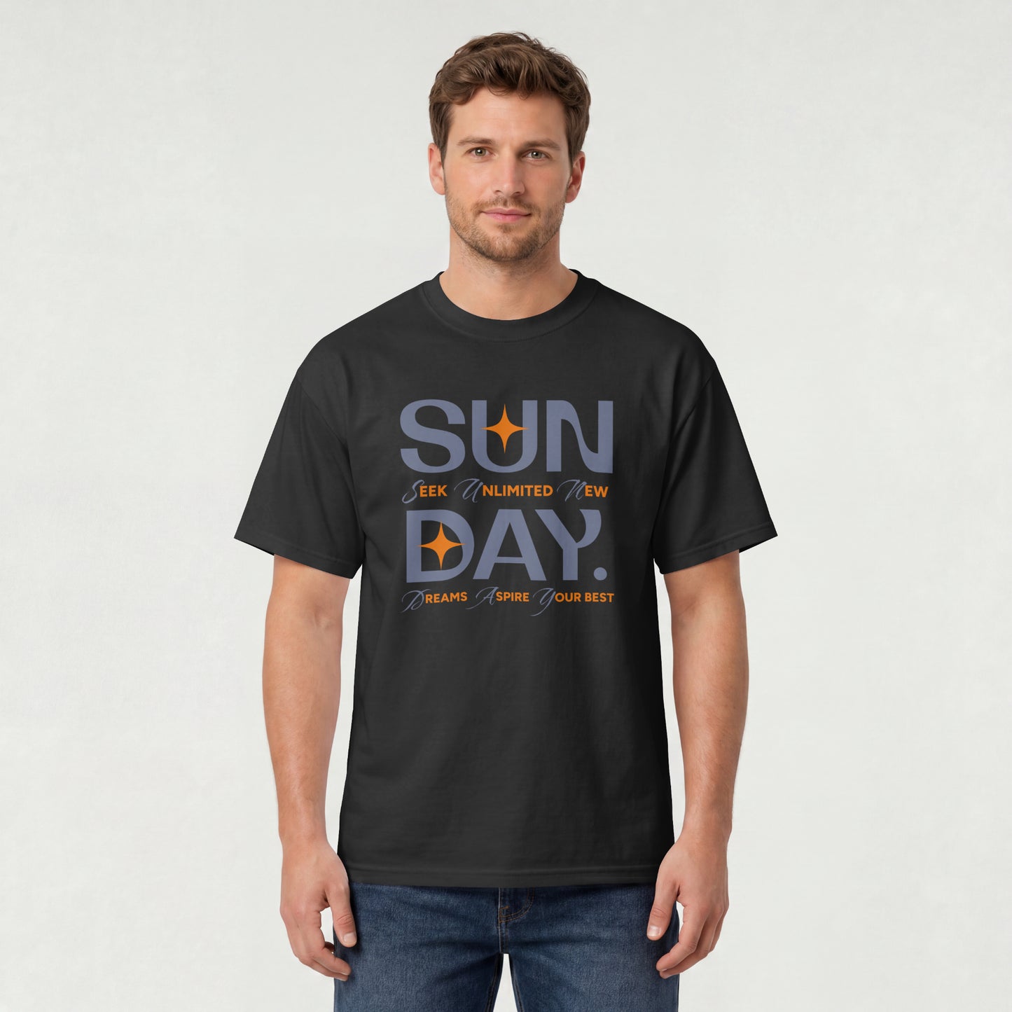 Black unisex oversized t-shirt featuring 'Sunday Seek Unlimited New Day' graphic print, front view.