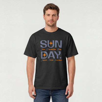 Black unisex oversized t-shirt featuring 'Sunday Seek Unlimited New Day' graphic print, front view.