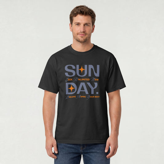 Black unisex oversized t-shirt featuring 'Sunday Seek Unlimited New Day' graphic print, front view.