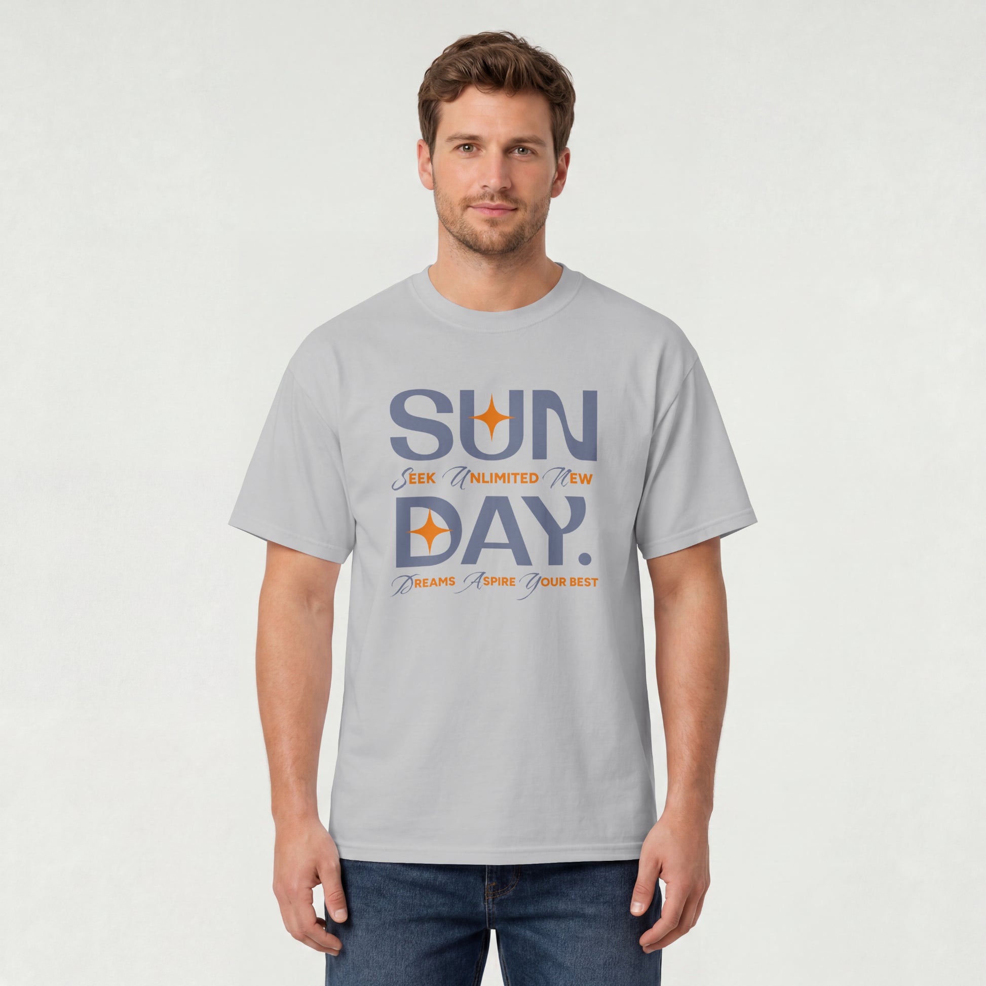 Melange Grey unisex oversized t-shirt featuring 'Sunday Seek Unlimited New Day' graphic print, front view.