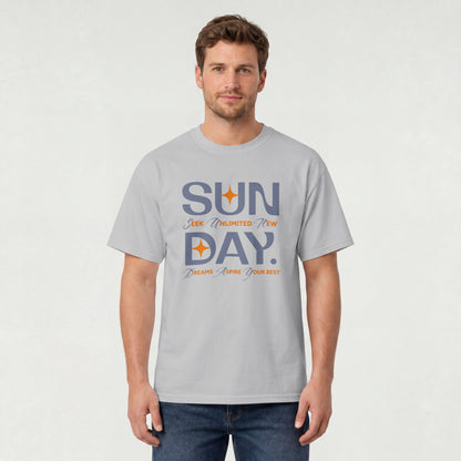Melange Grey unisex oversized t-shirt featuring 'Sunday Seek Unlimited New Day' graphic print, front view.