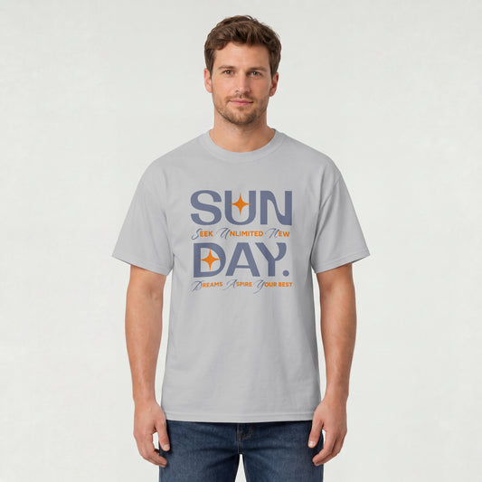 Melange Grey unisex oversized t-shirt featuring 'Sunday Seek Unlimited New Day' graphic print, front view.