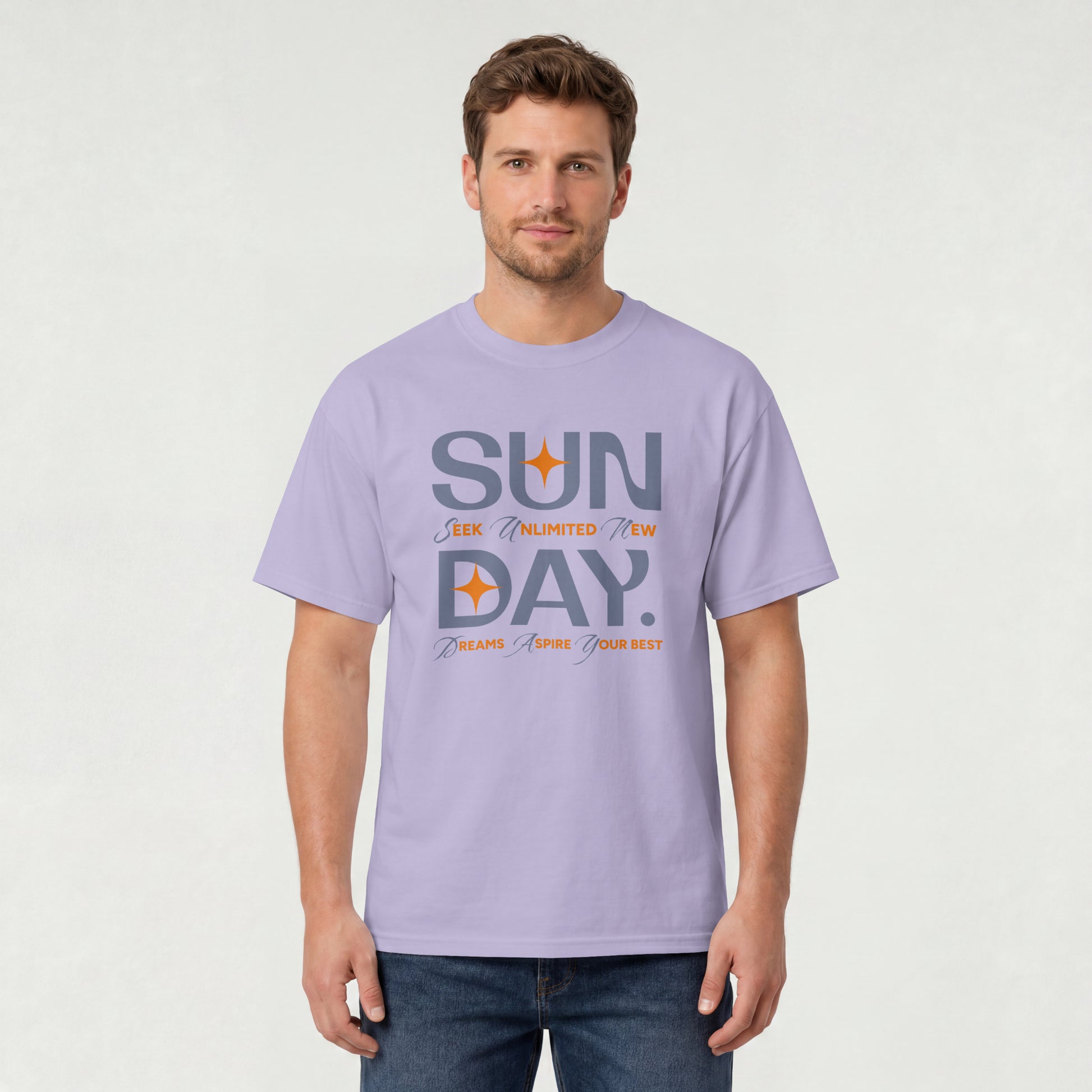 Lavender unisex oversized t-shirt featuring 'Sunday Seek Unlimited New Day' graphic print, front view.