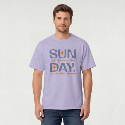 Lavender unisex oversized t-shirt featuring 'Sunday Seek Unlimited New Day' graphic print, front view.