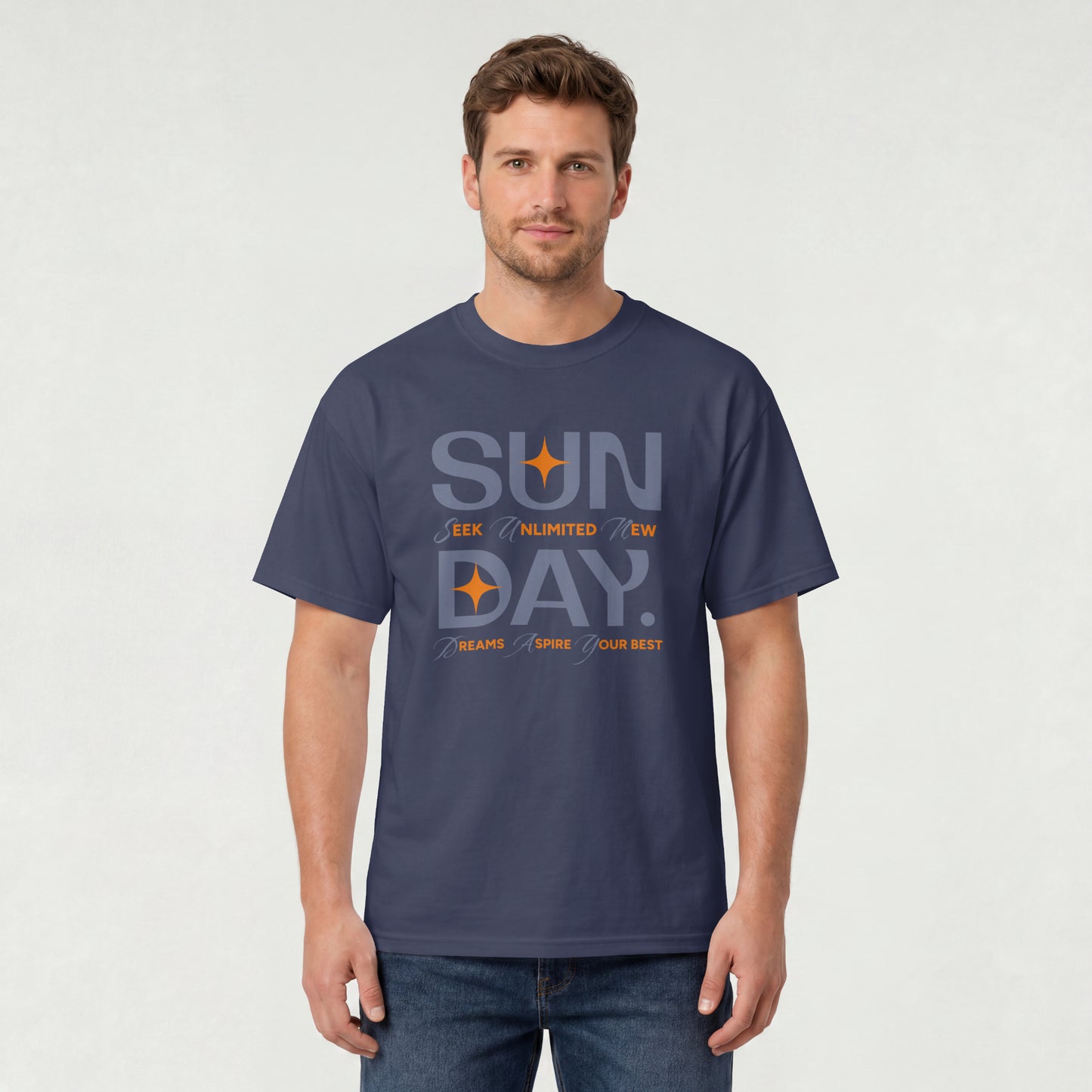 Navy Blue unisex oversized t-shirt featuring 'Sunday Seek Unlimited New Day' graphic print, front view.